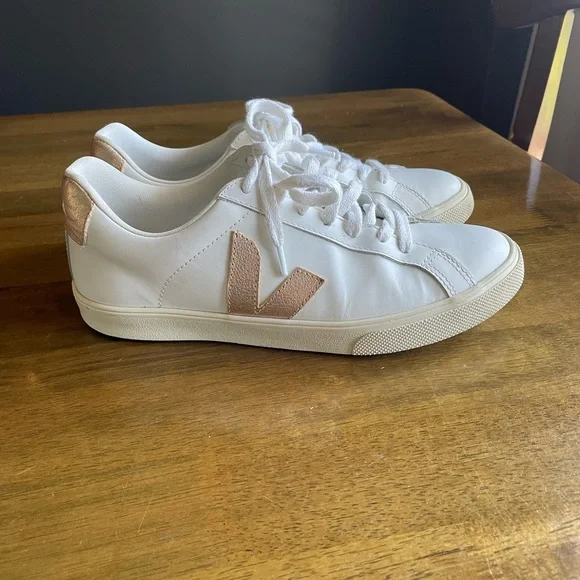 Women's Veja Esplar White and Gold Sneakers - Picture 3 of 9